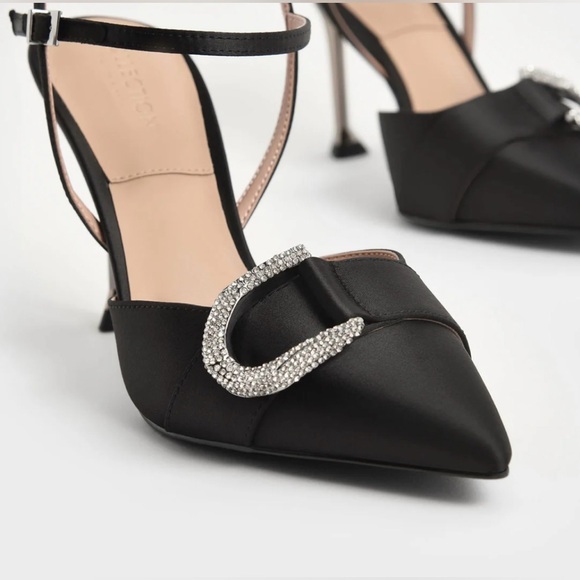 GORGEOUS! Charles and Keith Satin Black Crystal Buckle Slingback Heels - Size 39 - Picture 2 of 8